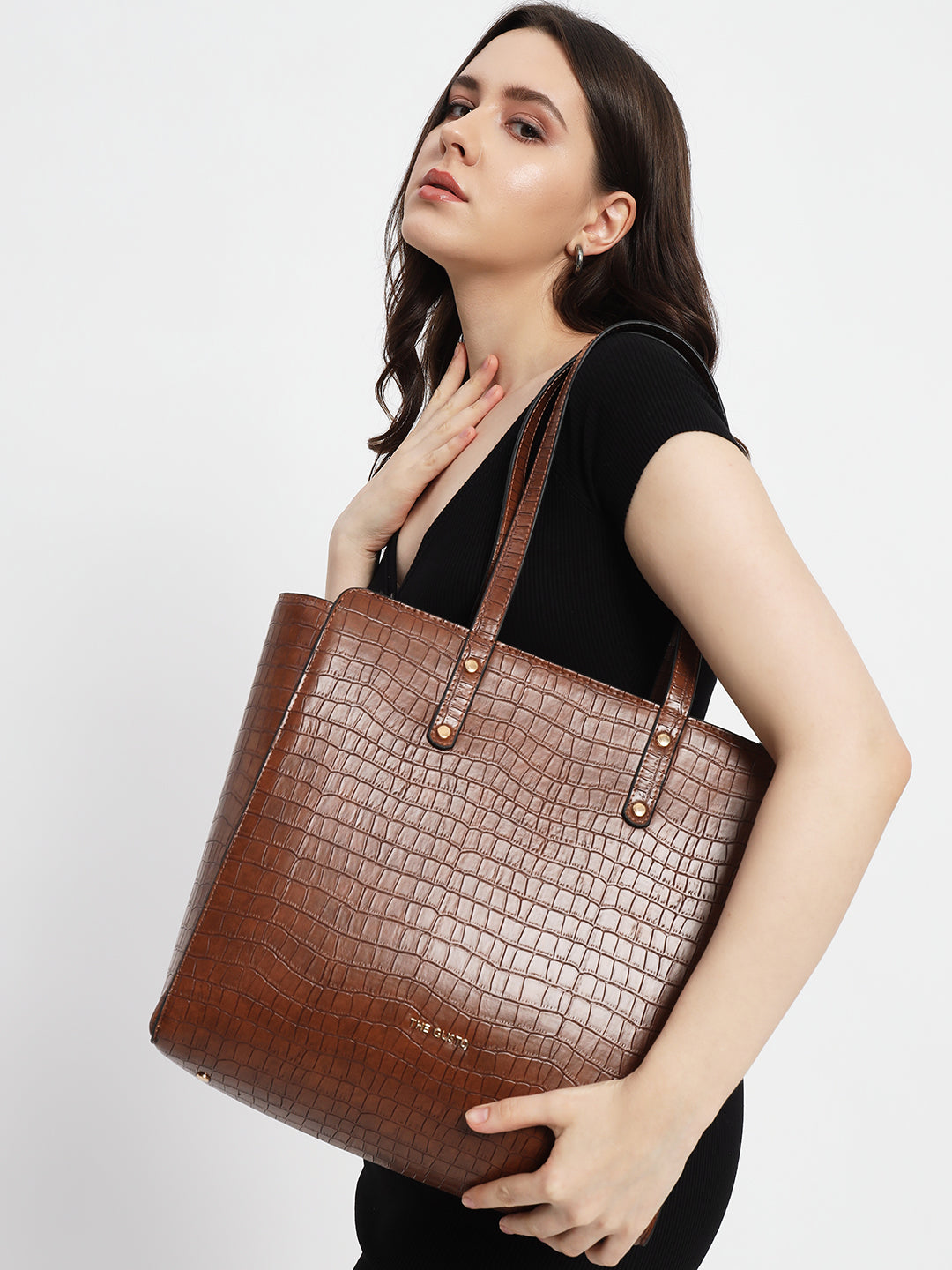 Beyond+ Croco Tote with Zipper Tan