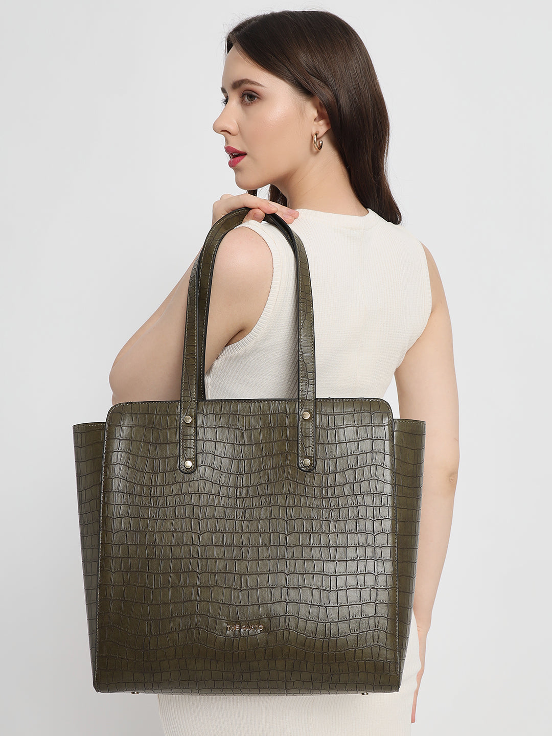 Beyond+ Croco Tote with Zipper Pine Green