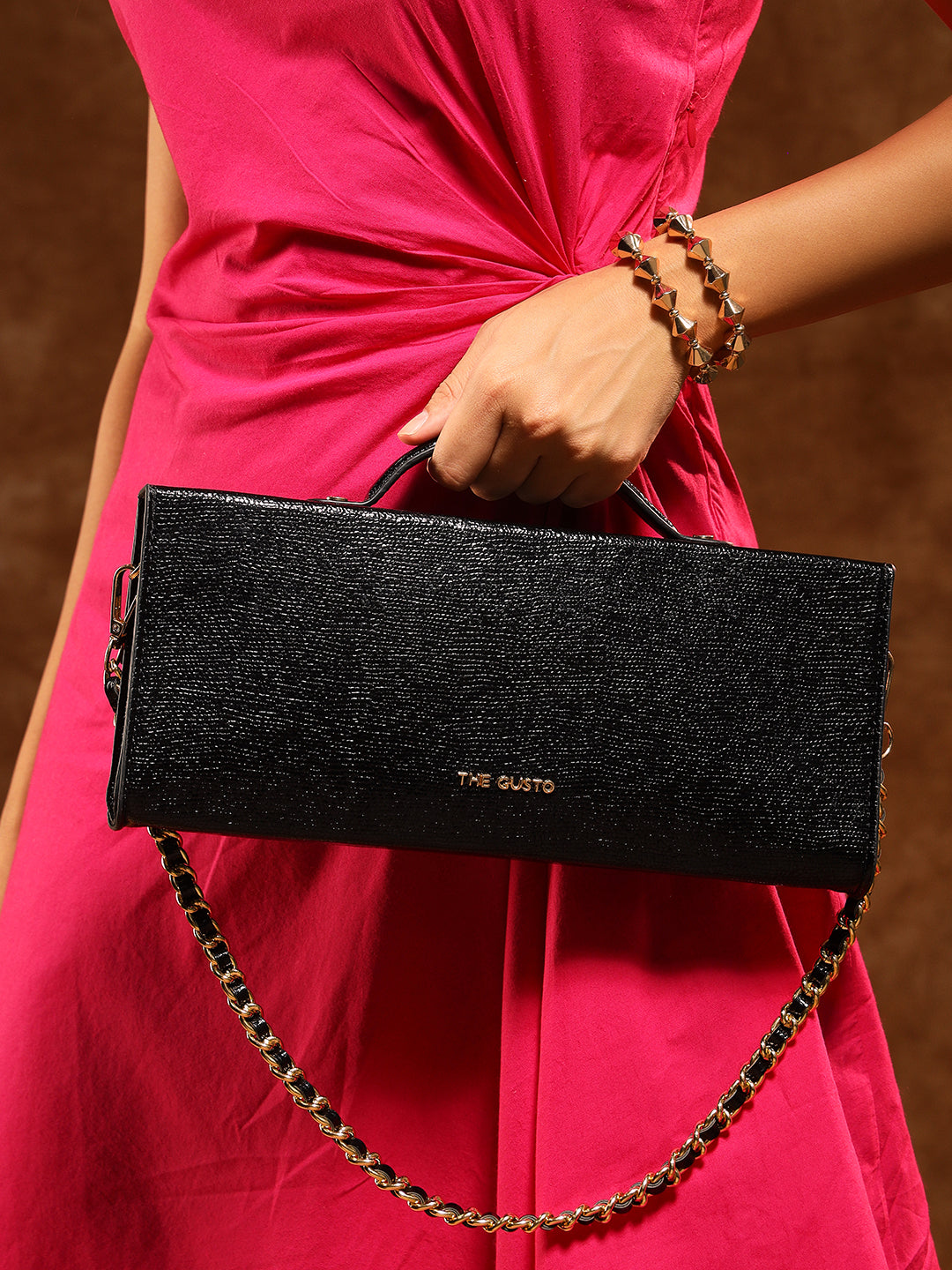 Box Clutch Sling (Black Shimmer)