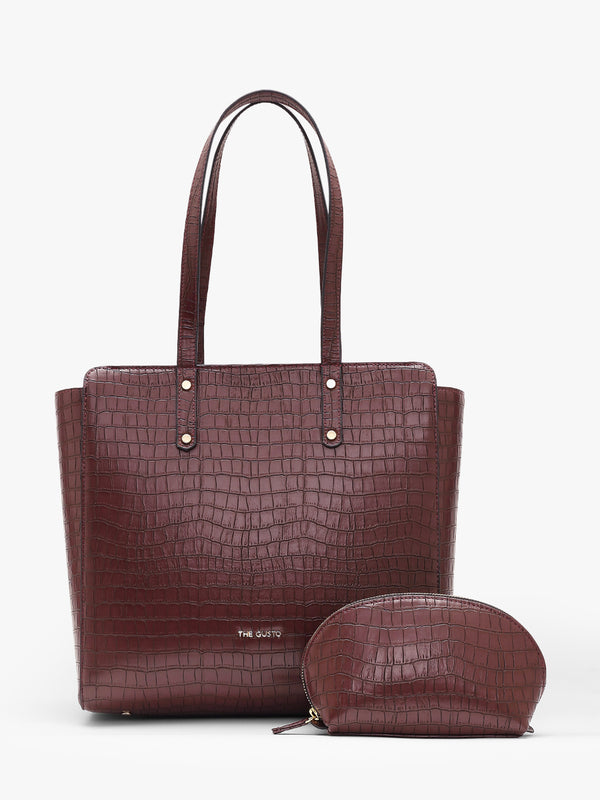 Beyond+ Croco Tote with Zipper Wine + Cosmos Pouch Combo