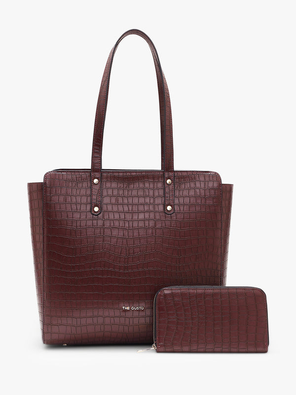 Beyond+ Croco Tote with Zipper Wine + Wallet Combo