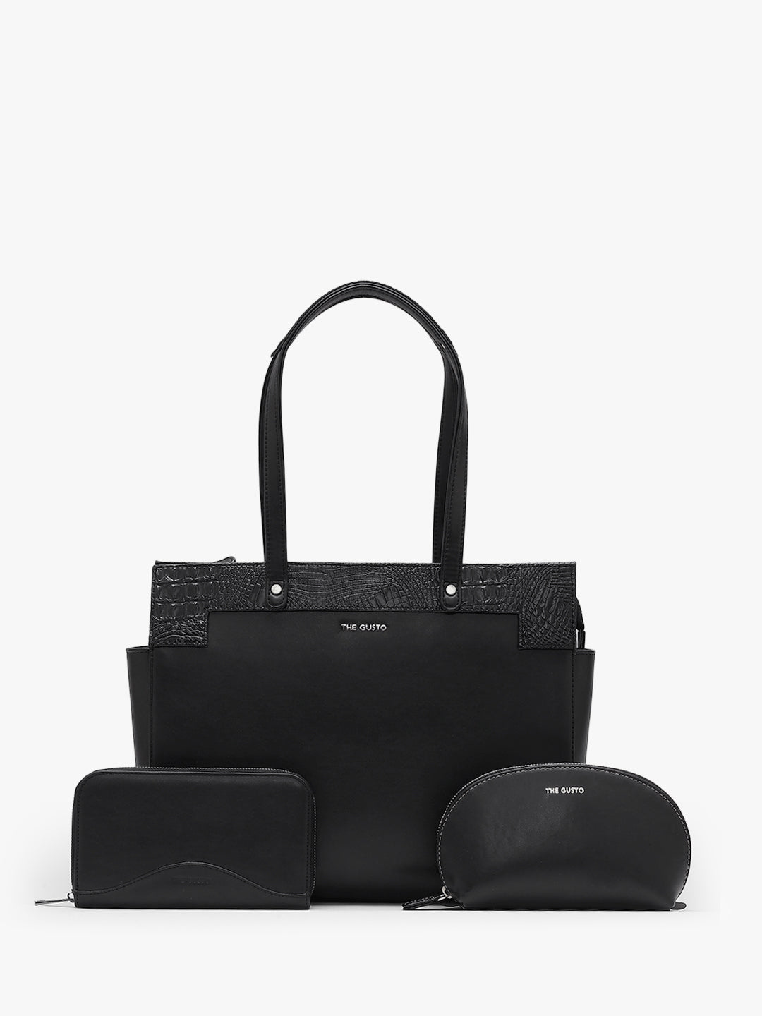 Estelle Croco Tote Bag - Black + Pouch & Wallet Combo