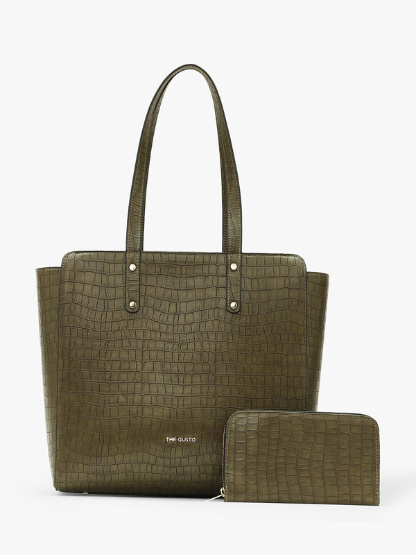 Beyond+ Croco Tote with Zipper Pine Green + Wallet Combo