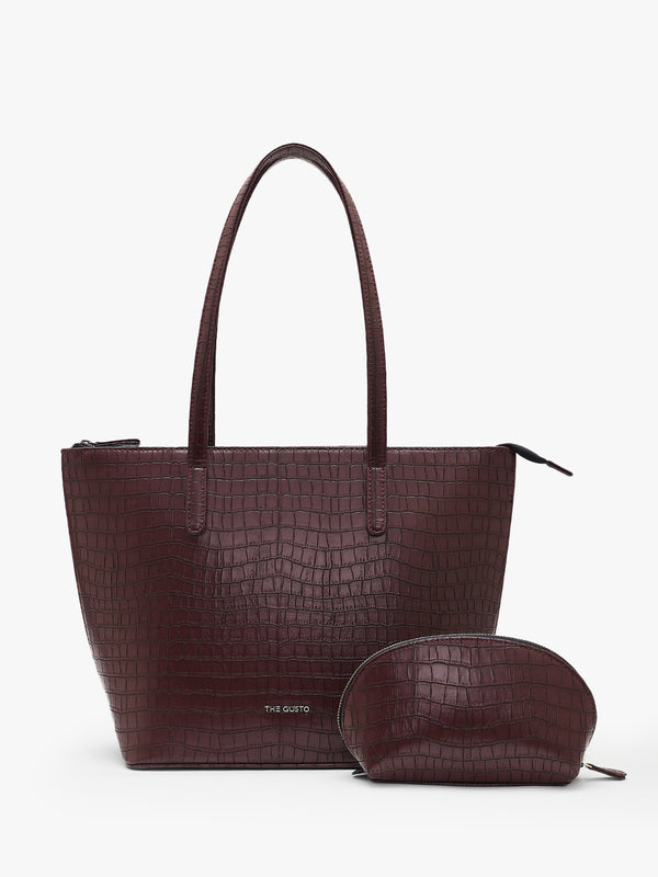 Colossal Tote & Cosmos Croco Pouch Set Combo Wine