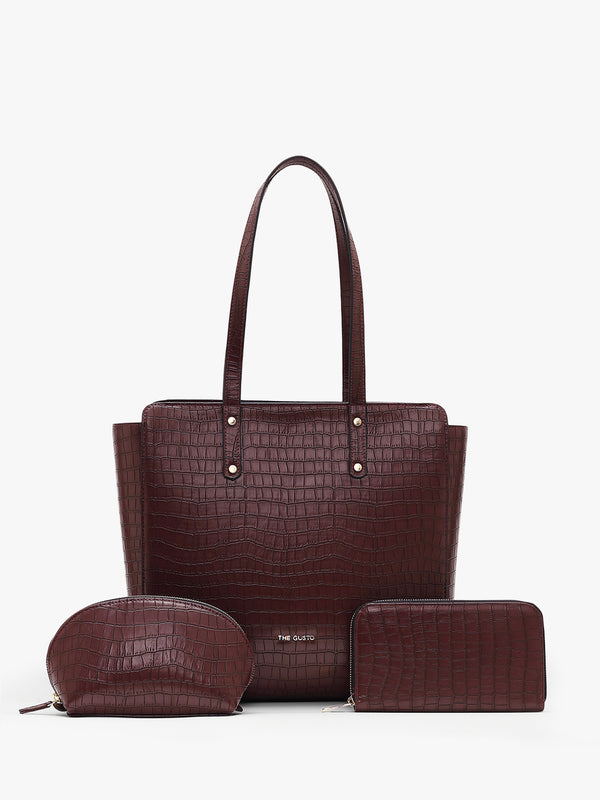 Beyond+ Croco Tote with Zipper Wine + Cosmos Pouch + Wallet Combo