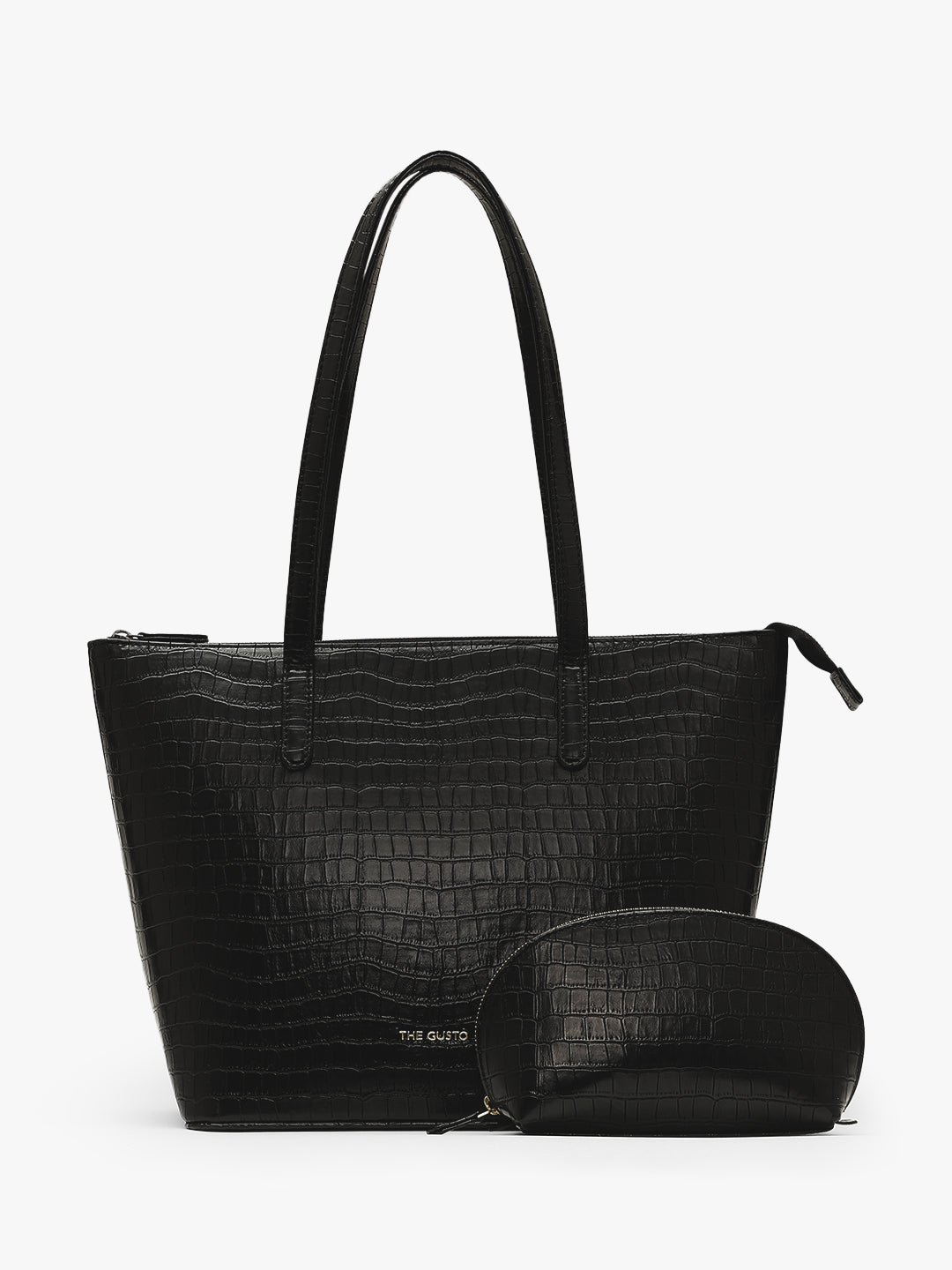 Colossal Tote & Cosmos Croco Pouch Set Combo Black