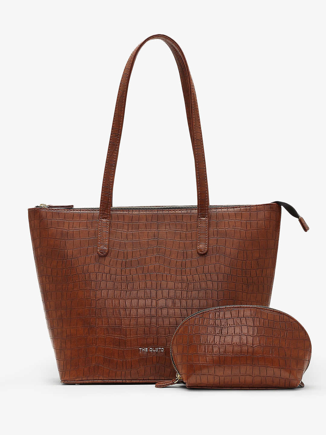 Colossal Tote & Cosmos Croco Pouch Set Combo Tan