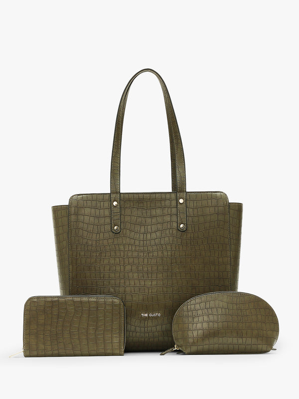 Beyond+ Croco Tote with Zipper Pine Green + Cosmos Pouch + Wallet Combo