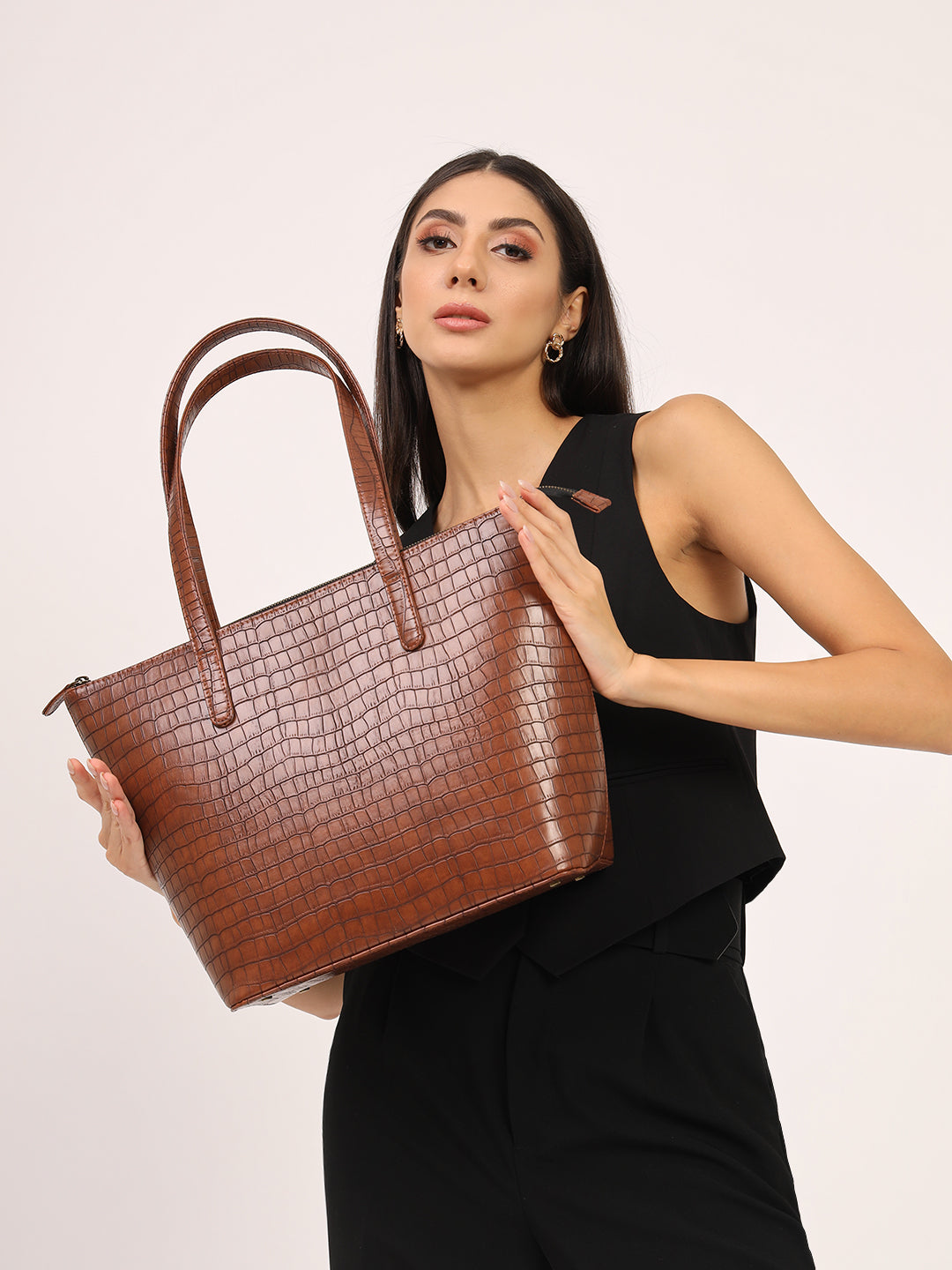 Colossal Tote & Cosmos Croco Pouch Set Combo Tan