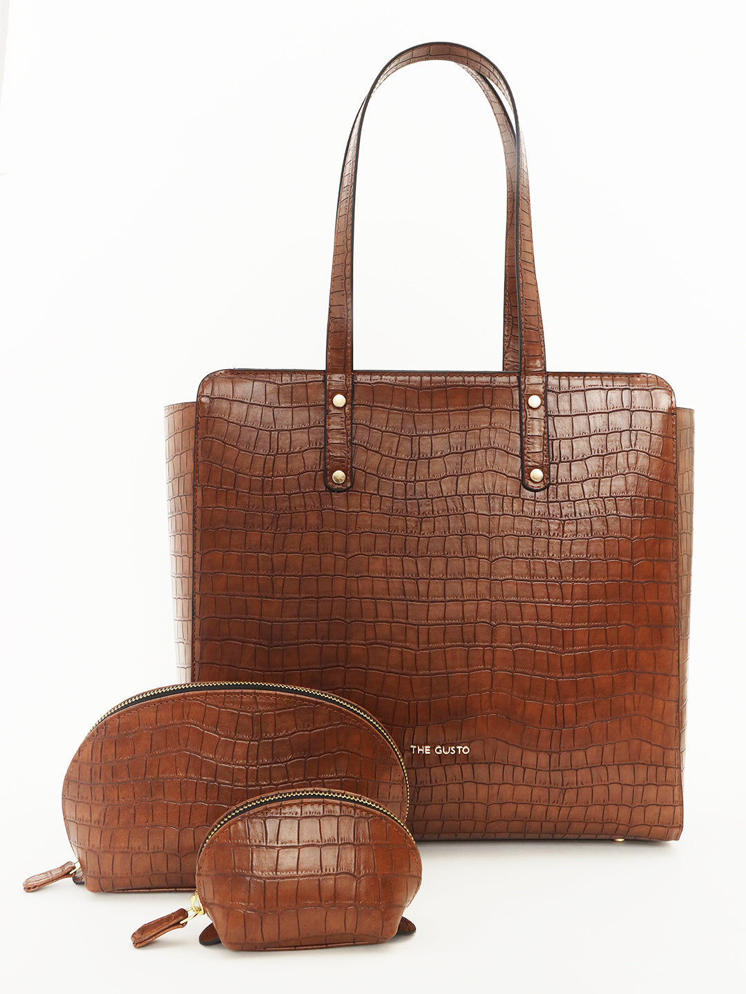 Beyond+ Croco Tote with Zipper Tan + Cosmos Pouch Combo