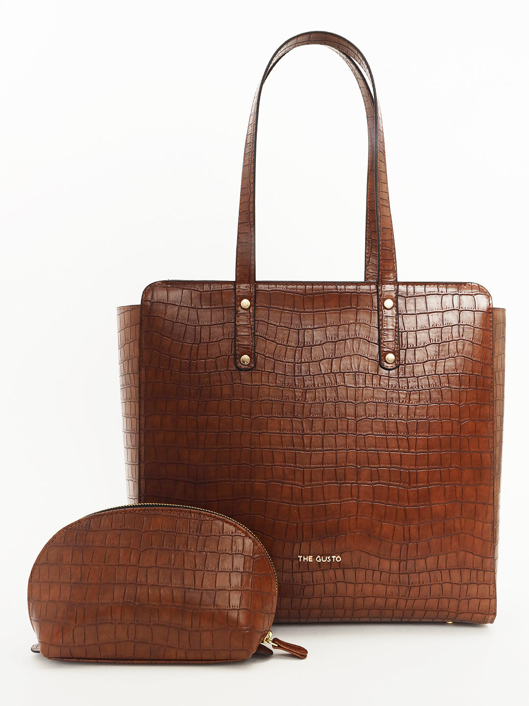 Beyond+ Croco Tote with Zipper Tan + Cosmos Pouch Combo