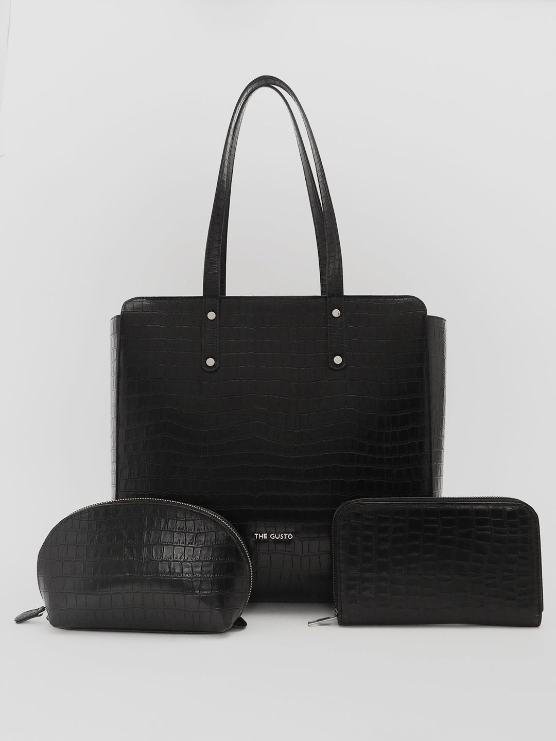 Beyond+ Croco Tote with Zipper Black + Cosmos Pouch + Wallet Combo